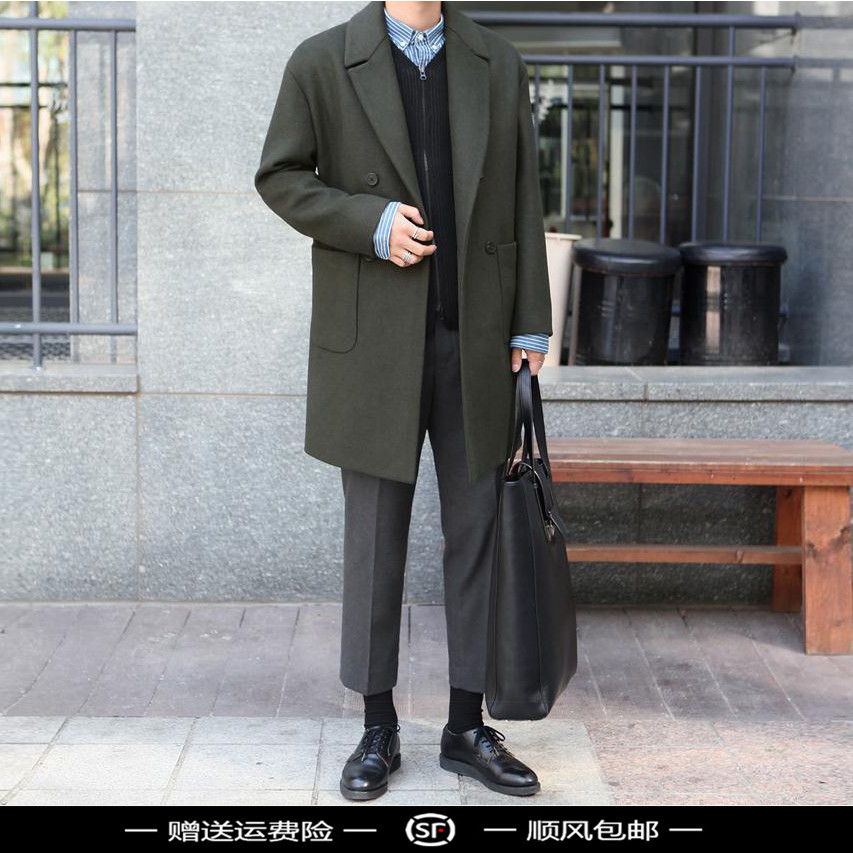 2016韩版新款男士毛呢大衣中长款秋冬羊绒大衣宽松军绿色呢子外套