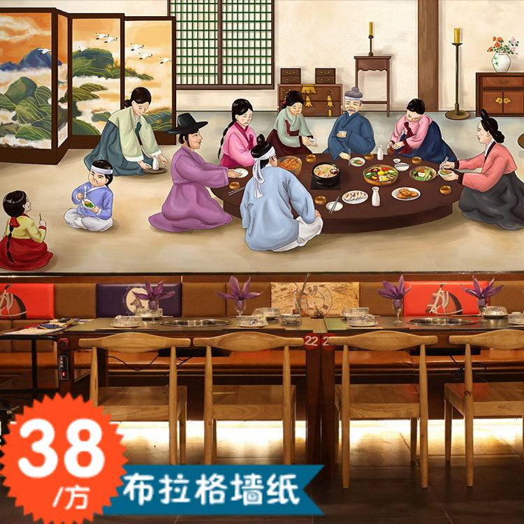 3d韩式烤肉火锅店墙纸手绘古代人物传统美食壁画韩国料理泡菜壁纸