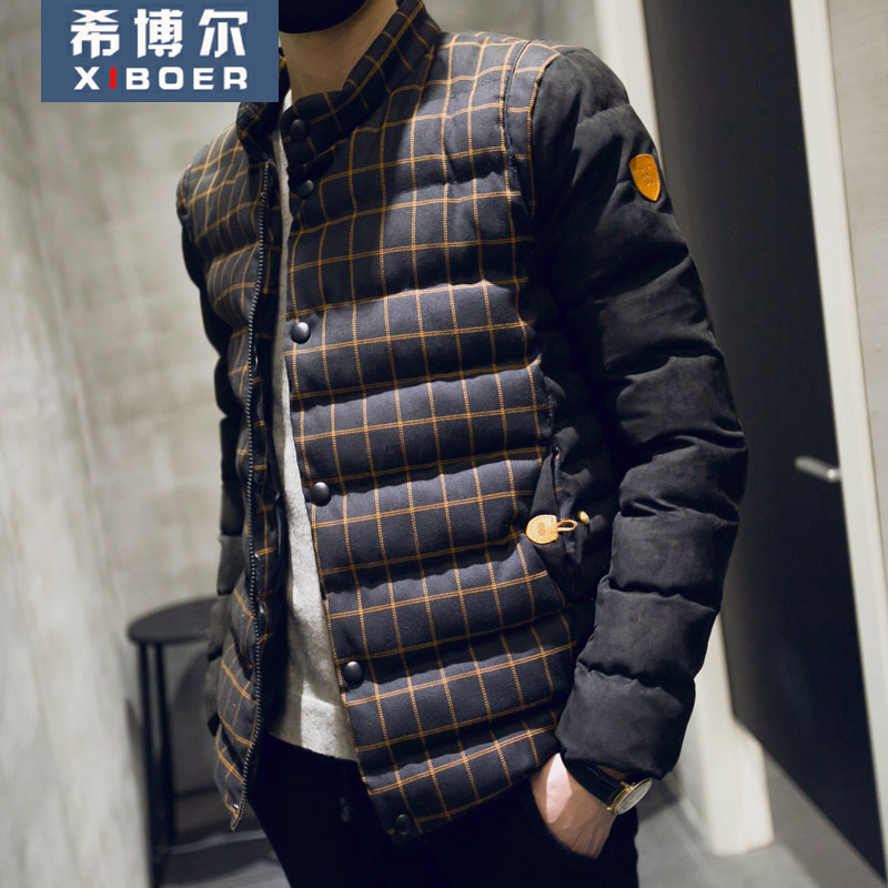 希博尔2016冬季新款时尚休闲男士格子拼接加大码棉服男棉衣外套