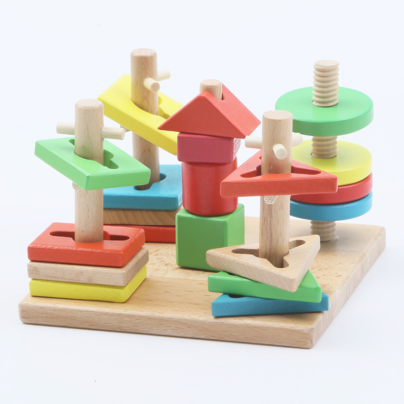 儿童启蒙木制拆装几何形状配对五套柱拼插积木早教益智玩具1-3岁