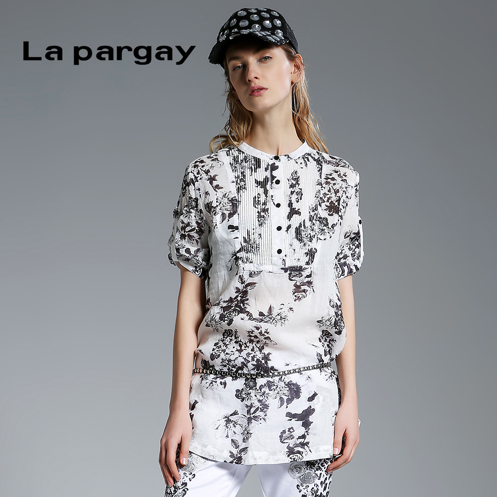 La pargay春季款五分袖衬衣中长款上衣直筒波点麻印花春装衬衫