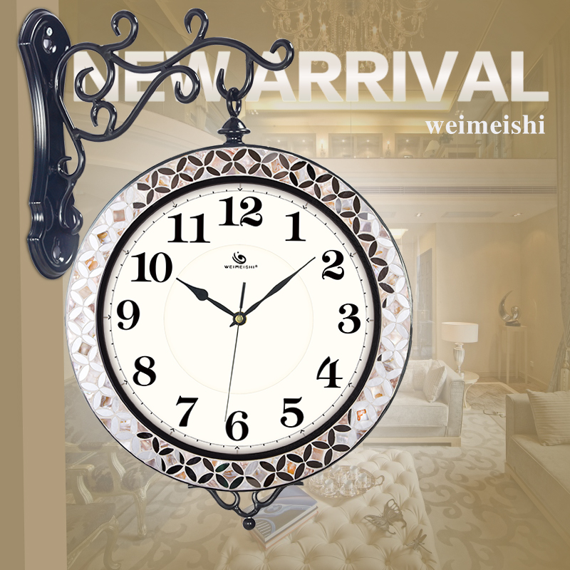 weimeishi客厅双面钟地中海时尚创意石英钟铁艺玻璃贝壳静音挂钟