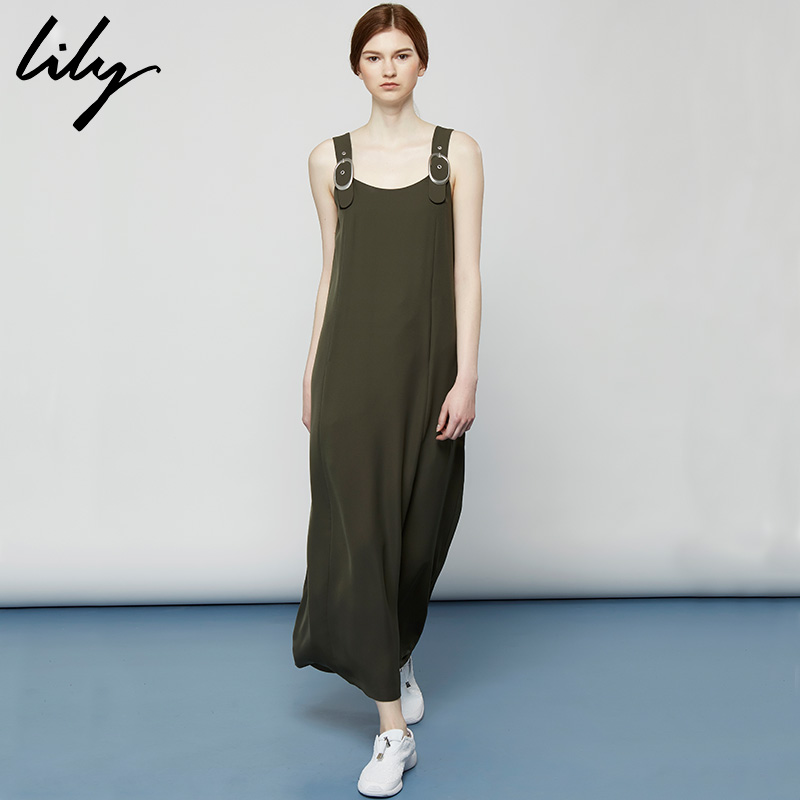 Lily2016夏新款女装休闲宽松长款A型军风背带连衣裙116249C7935
