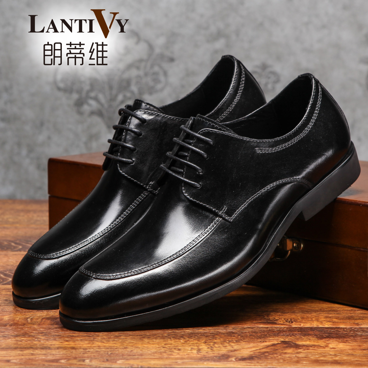 朗蒂维正装皮鞋男黑色商务鞋2016新款经典男士系带皮鞋婚鞋