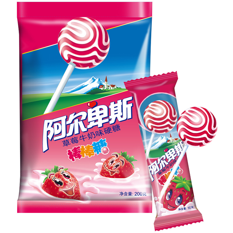 【大成食铺】阿尔卑斯草莓牛奶味硬糖棒棒糖200g袋装含20支