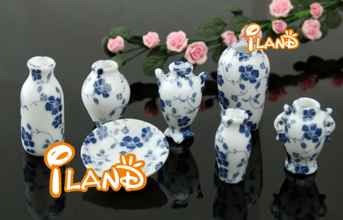 1:12娃娃屋别墅DOLLHOUSE迷你陶瓷模型 花瓶瓷器饰盘7件套 中国风