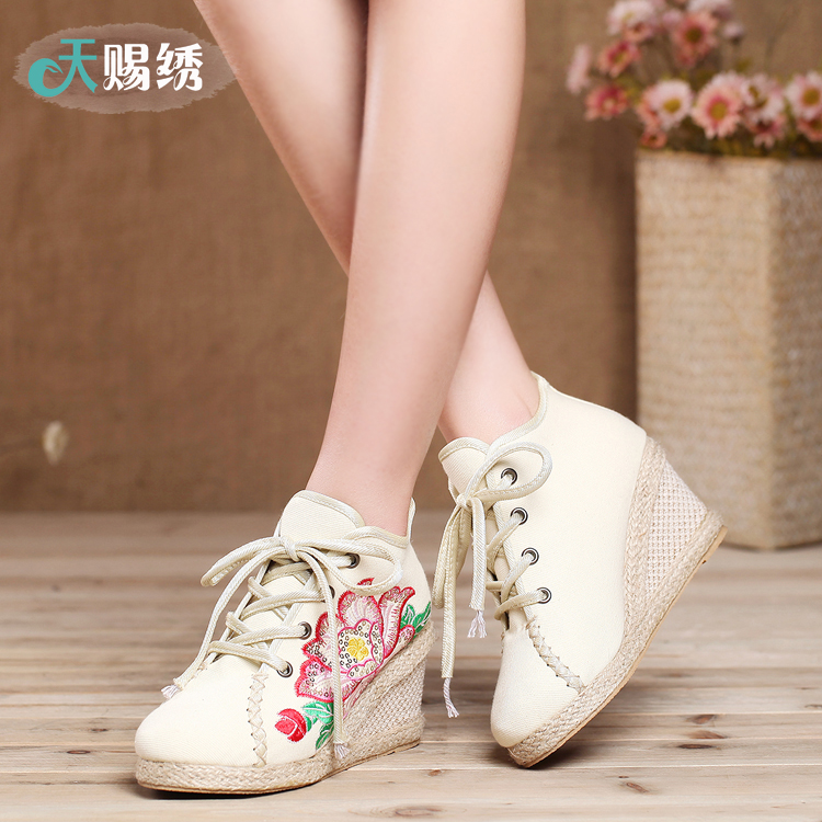 老北京布鞋高跟超高跟女绣花鞋民族风坡跟女鞋牛筋底系带纯棉布