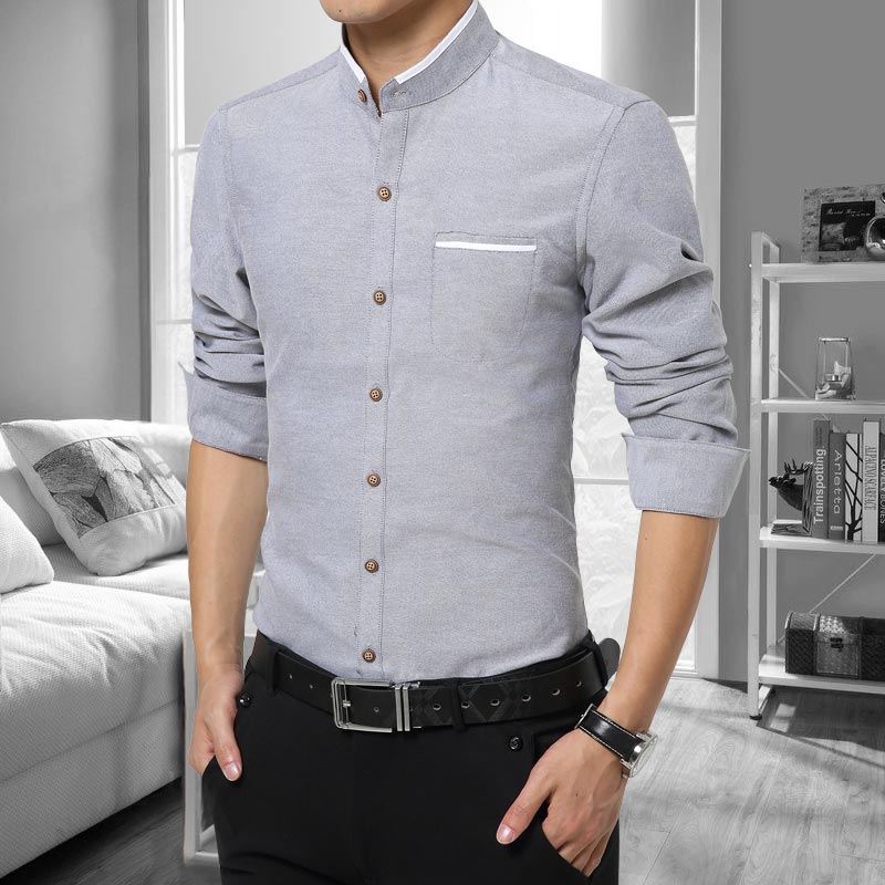 天天特价秋季韩版男士长袖衬衫立领商务修身寸衫青年男装免烫衬衣