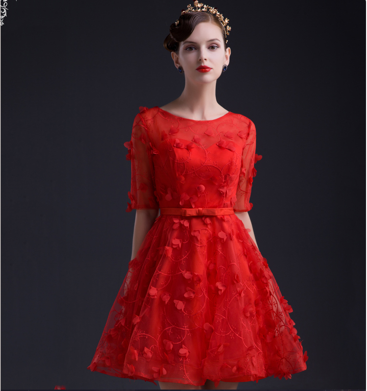 2016新款夏季红色透明短袖伴娘服 新娘敬酒聚会礼服短款连衣裙