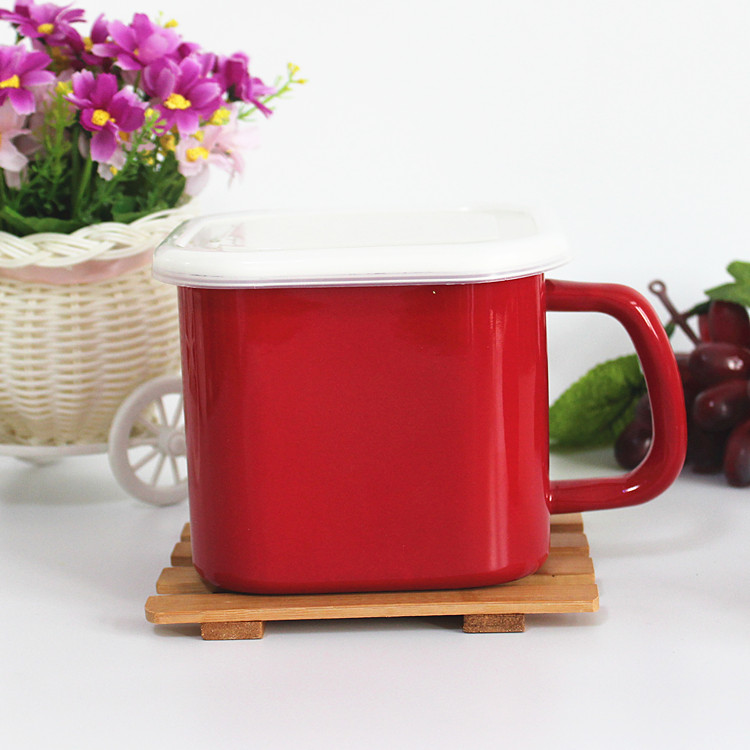 外销加厚红色珐琅 加厚搪瓷1.5L正方密封保鲜杯泡面碗水杯零食盒
