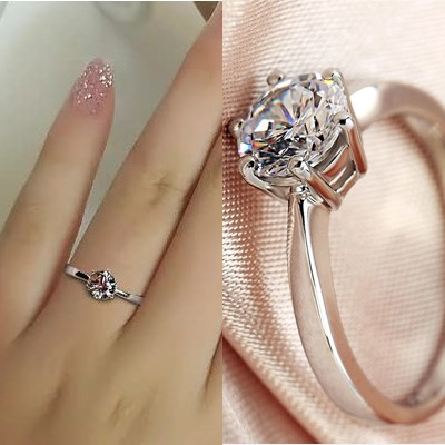 S925纯银戒指女款结婚日韩女式求婚仿真钻戒渡白金银饰品活口开口