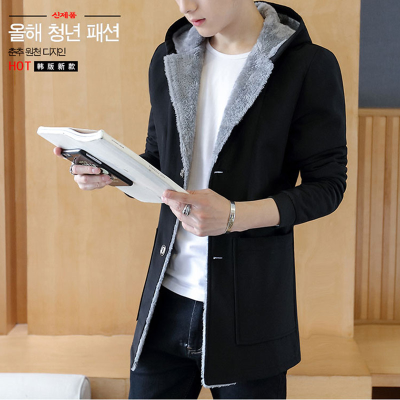 2017新款男士韩版修身中款带帽加厚外套冬季中长款加绒休闲风衣土