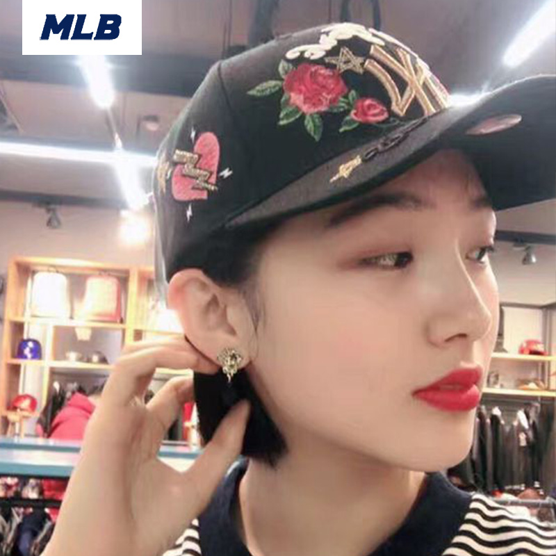 韩国正品MLB代购牡丹花刺绣NY棒球帽嘻哈LA鸭舌帽17春季新款镶钻