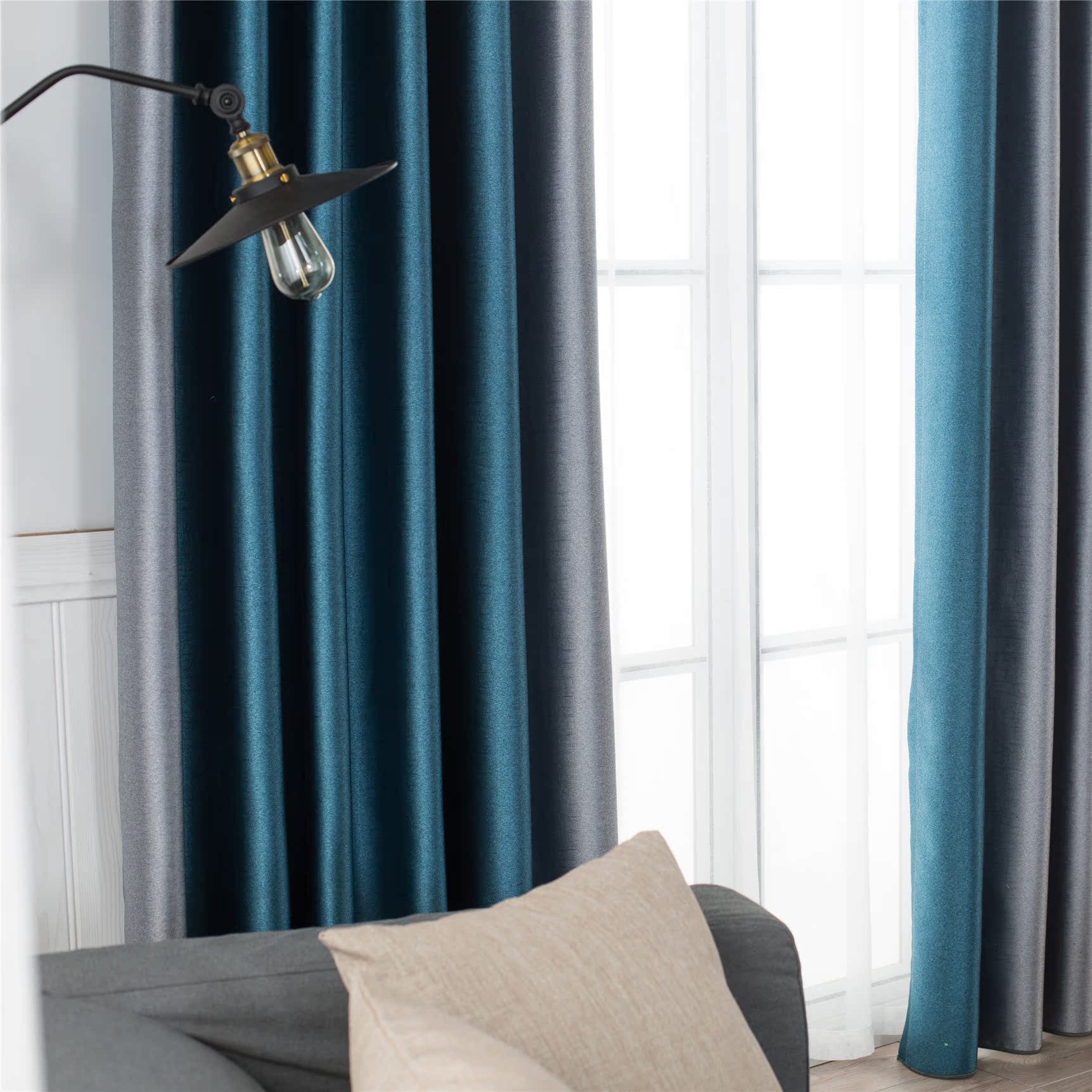 120平方美式风格客厅纯色窗帘装饰效果图_别墅设计图