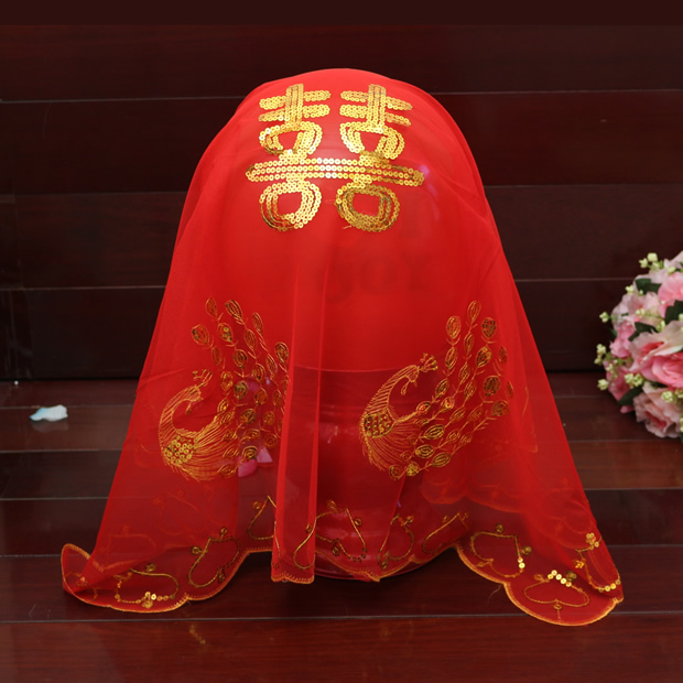 包邮 结婚盖头新娘薄纱透明红盖头 中式 刺绣 盖头纱 喜帕结婚