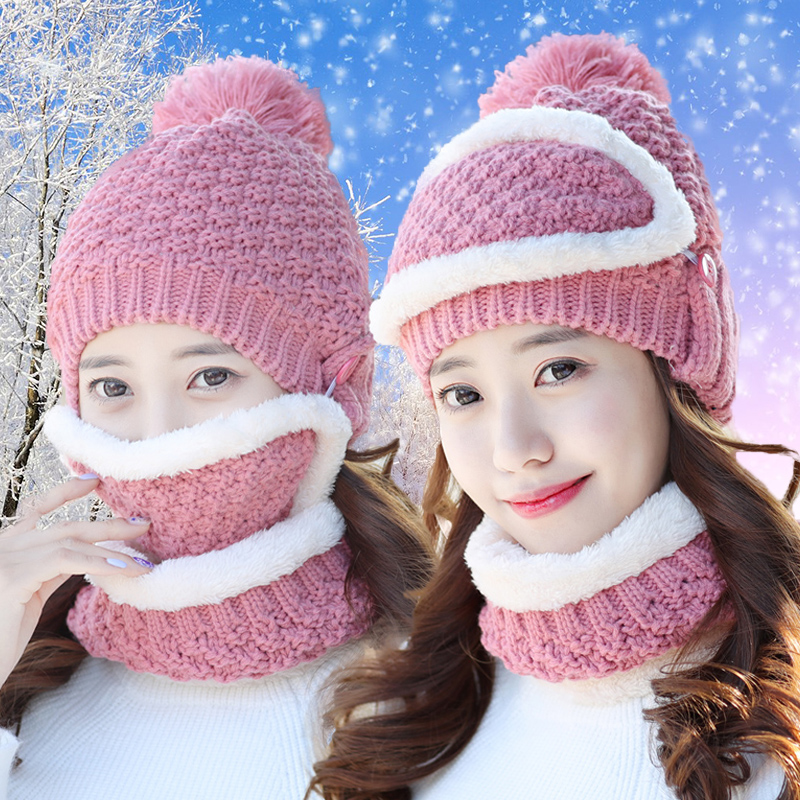 帽子女冬天韩版针织保暖帽口罩包头加厚户外骑车帽冬季护耳毛线帽