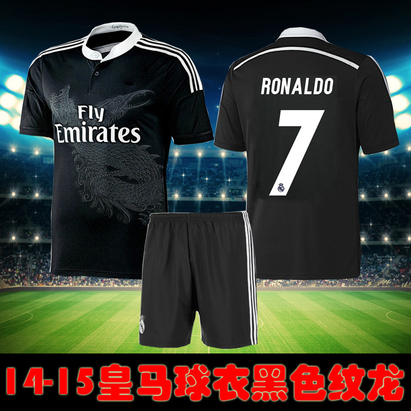 皇马球衣14-15赛季客场短袖黑色纹龙足球服夏季运动套装