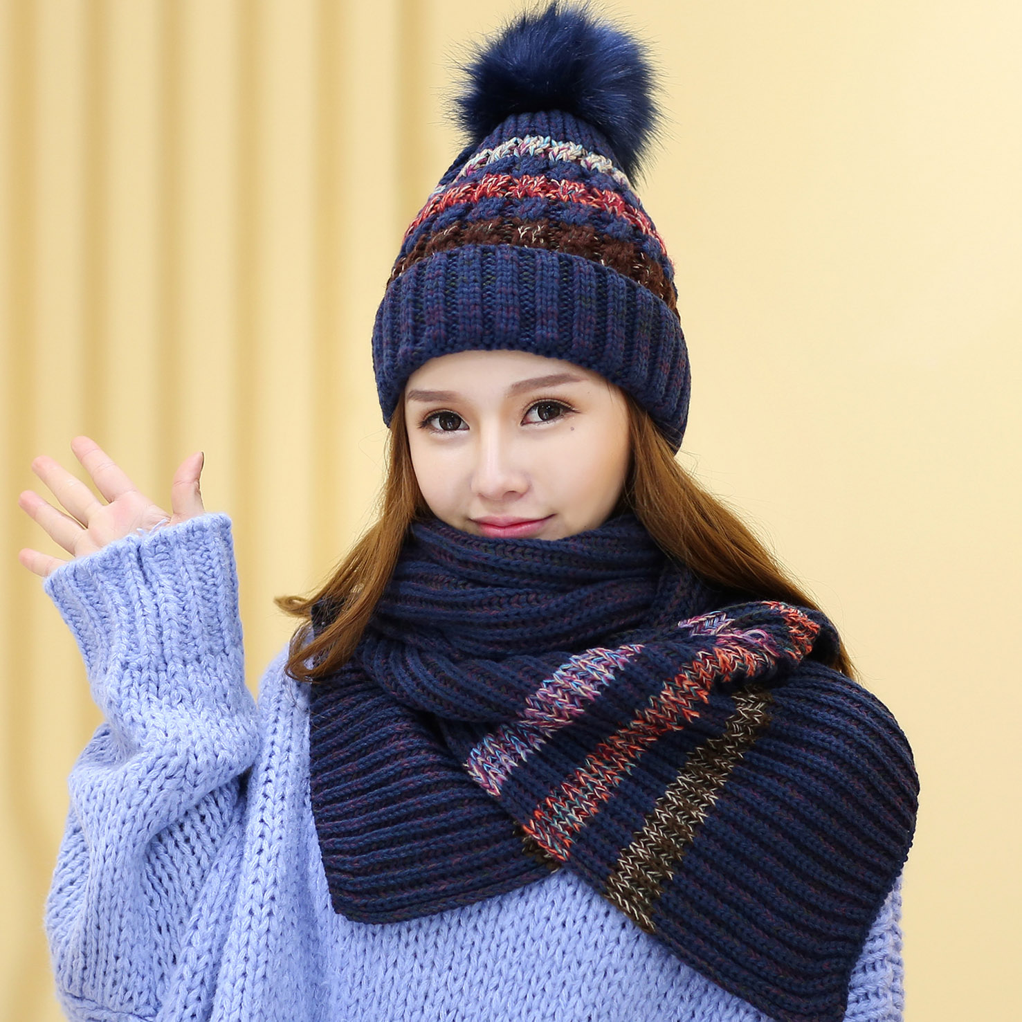 帽子女冬天围巾两件套韩版针织帽冬季加绒韩国毛线帽子女休闲百搭