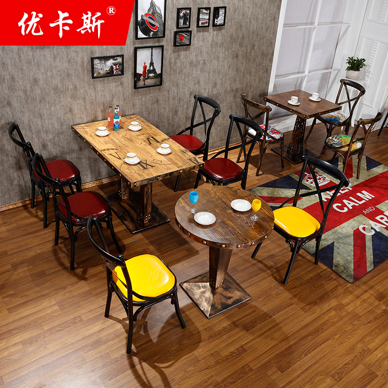 复古铁艺叉背椅美式火锅餐饮店工业风休闲咖啡主题西餐厅桌椅组合
