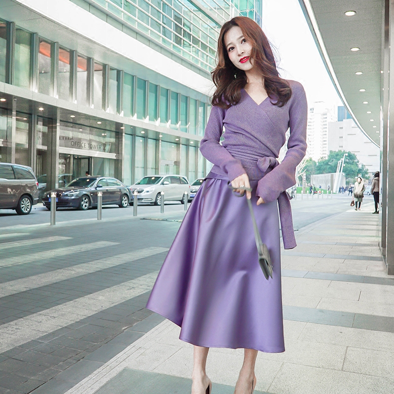 POSHE定制法式重磅绸缎面时髦气质名媛女神紫色束腰半身裙长伞裙
