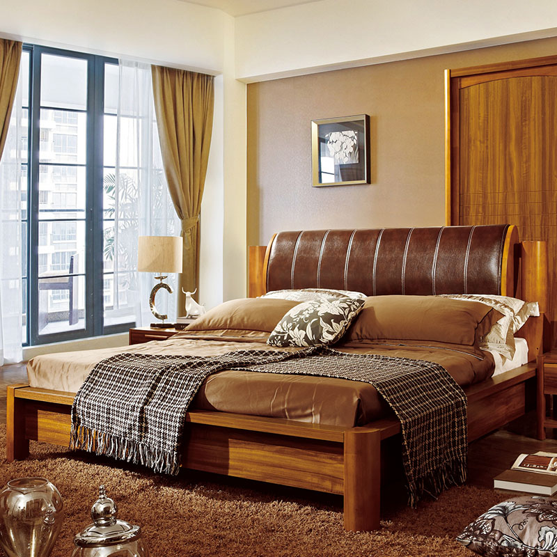中式实木床双人床1.8米软靠榻榻米婚庆床气动高箱储物大床柚木色