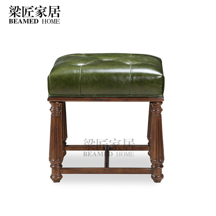 美式乡村真皮床尾凳简约现代实木梳妆凳绿色软包换鞋凳子特价促销
