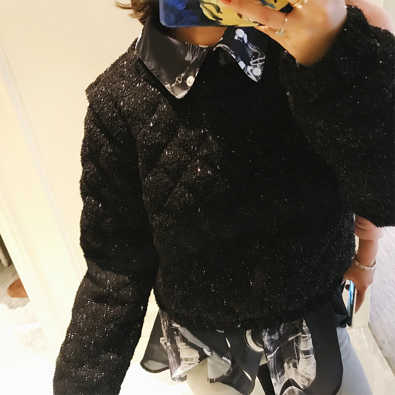 Lin 2017冬季新款编织菱形格韩版修身显瘦黑色亮丝羽绒服女短款