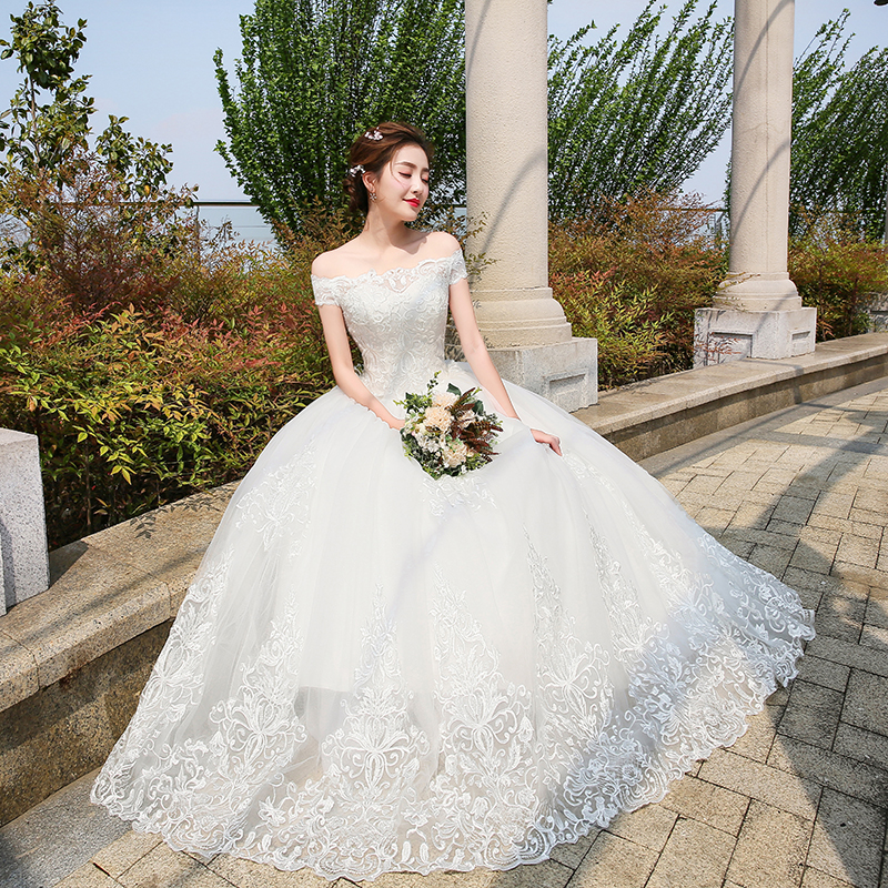 婚纱2017冬季新款一字肩韩式新娘结婚礼服蕾丝花边修身款显瘦长款