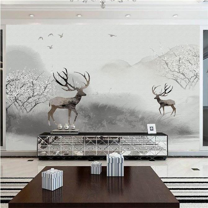北欧复古森林麋鹿电视背景墙纸3D立体壁画卧室沙发无缝无纺布壁纸