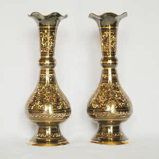 巴基斯坦 铜器手工艺品 摆件 14寸彩点波口瓶 一对 包邮
