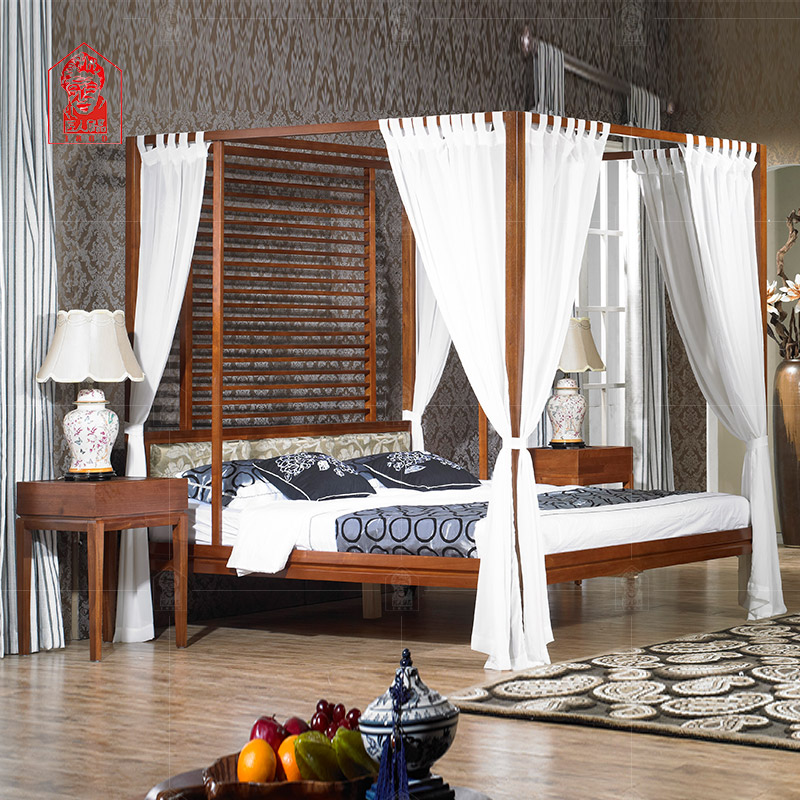 匠人家具东南亚风格胡桃木架子床中式槟榔色四柱子床1.8米双人床
