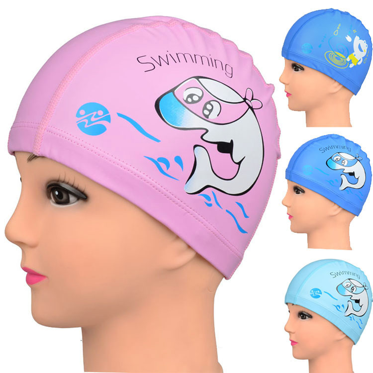 儿童PU涂层卡通海豚游泳帽男童女童小孩宝宝通用防水护耳专业泳帽