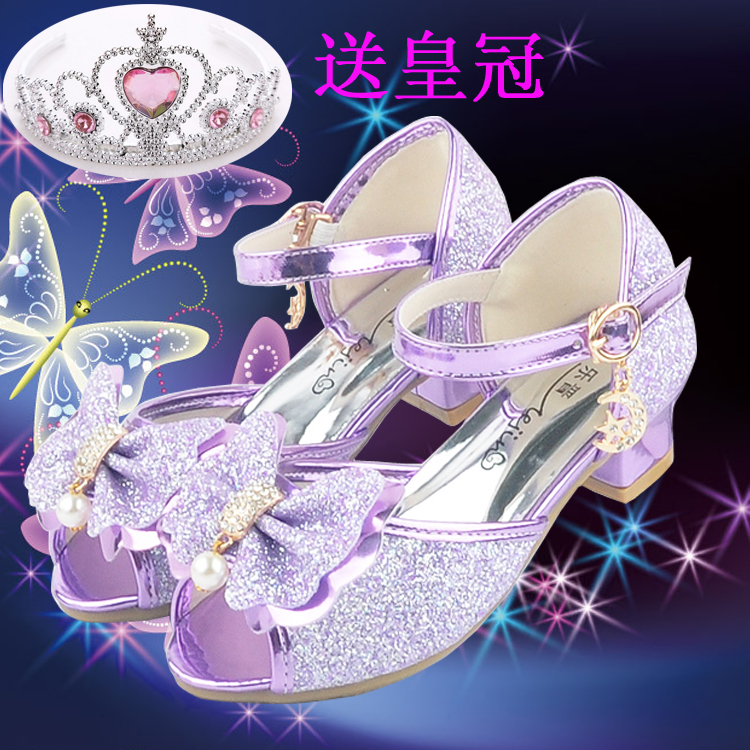 女童凉鞋2017新款韩版夏季公主高跟鞋儿童鱼嘴露趾鞋女孩紫色凉鞋