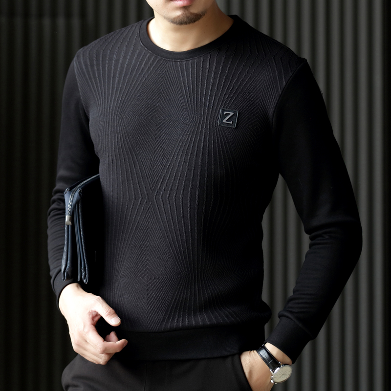 皮尔卡丹正品牌新款圆领男士长袖T恤 冬季加绒加厚中年纯棉男装黑