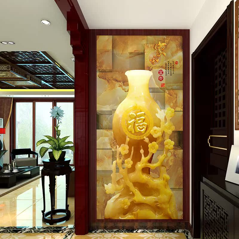 印花中国有图案花瓶玉雕福字玄关无缝墙布中式客厅背景壁纸