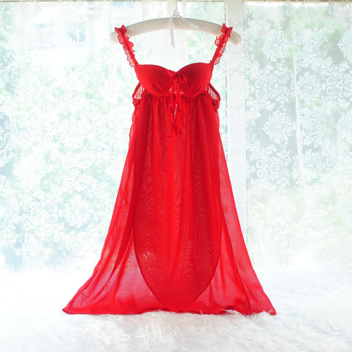 2017女士罩杯吊带雪纺纱透明睡衣性感妩媚流行大红色长睡裙