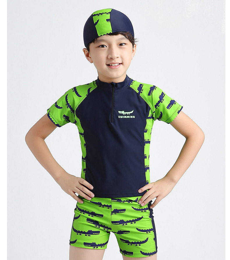 2016新款男童 儿童分体泳衣平角防晒 中大童温泉泳装鳄鱼绿色包邮