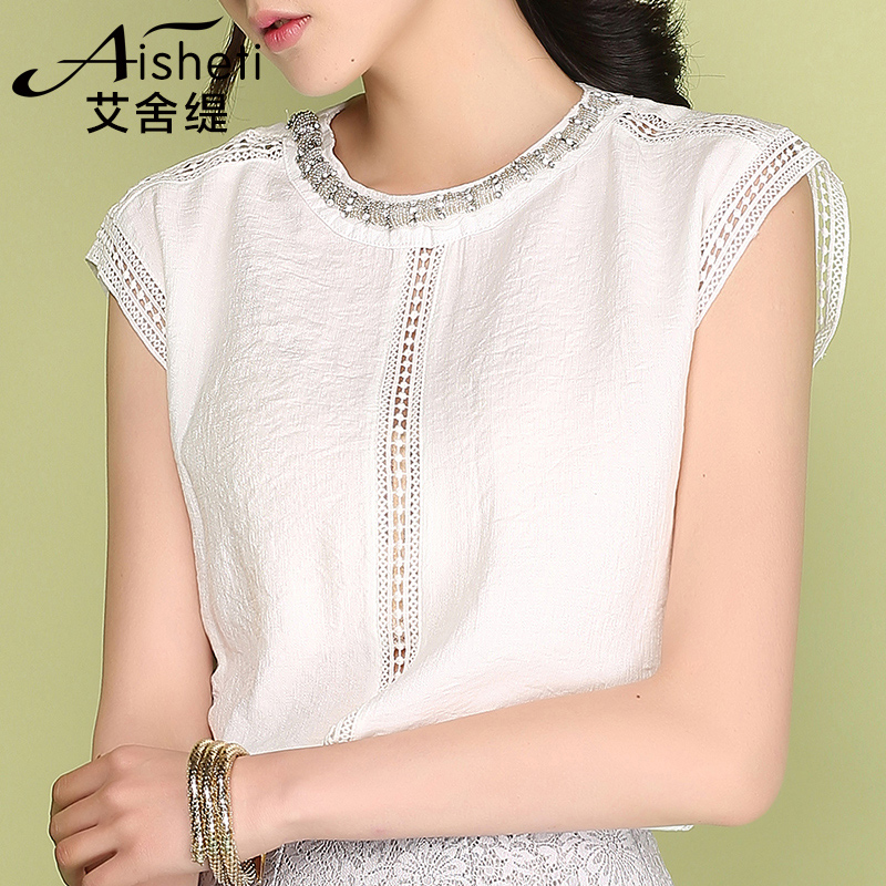 艾舍缇雪纺衫女短袖2016夏季韩版新款宽松圆领钉珠白色雪纺上衣