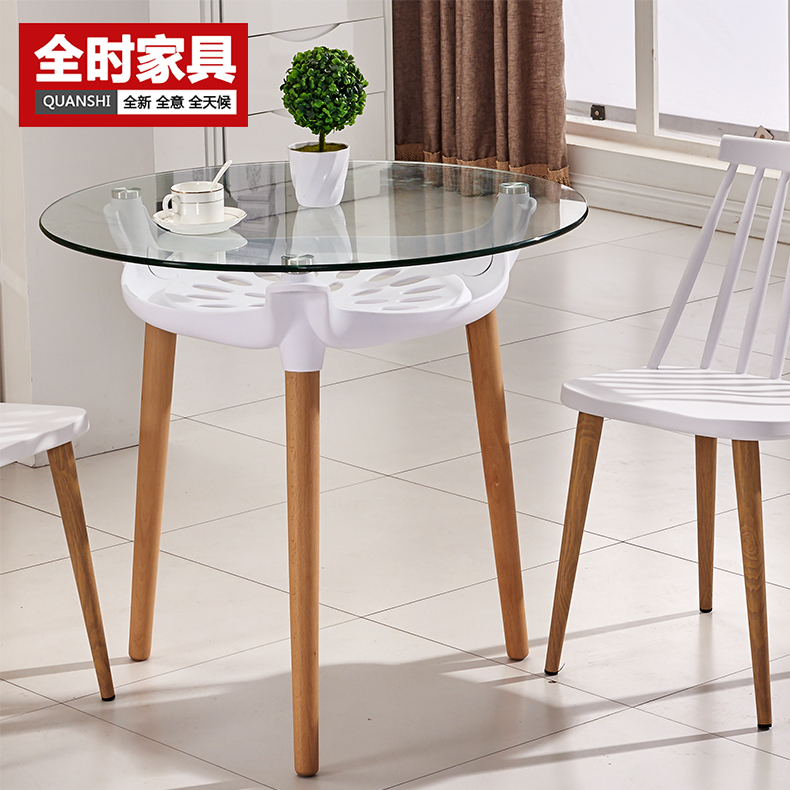 全时 创意北欧现代小户型双层接待洽谈休闲桌椅实木钢化玻璃桌子