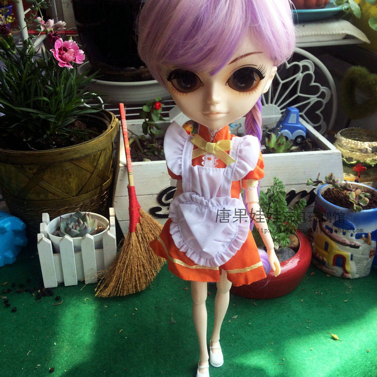 唐果娃娃衣服 蓝色橘色女仆装 连衣裙洋装XS娃衣 女制服 手工扫把