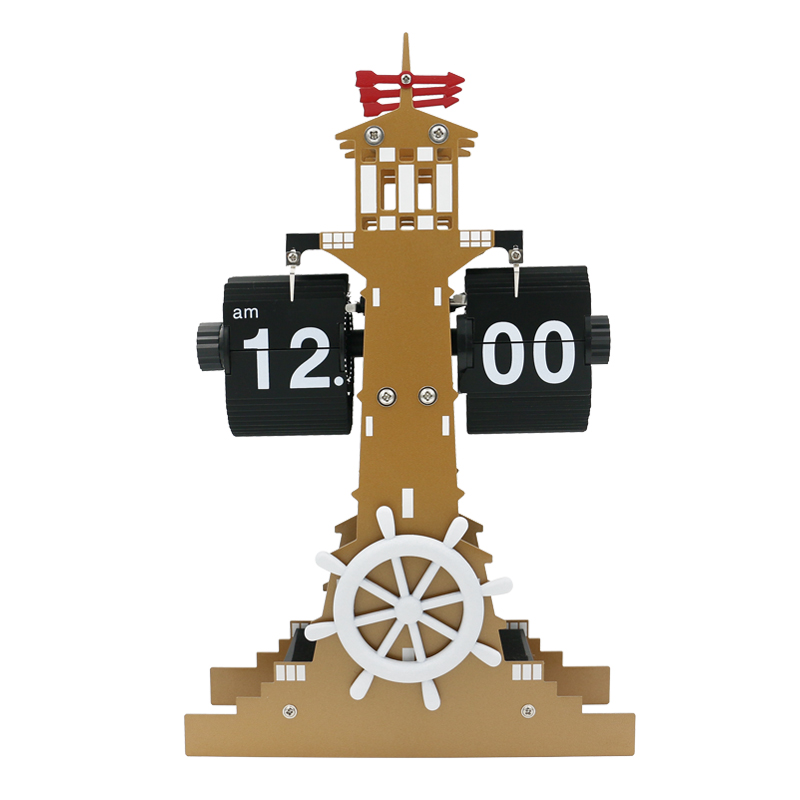 创意自动翻页钟表复古灯塔造型翻页座钟电动机械时钟个性台钟坐钟