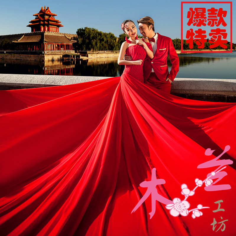 旅拍包邮主题服装外景拖尾婚纱大红色中国风影楼摄影单肩雪纺礼服