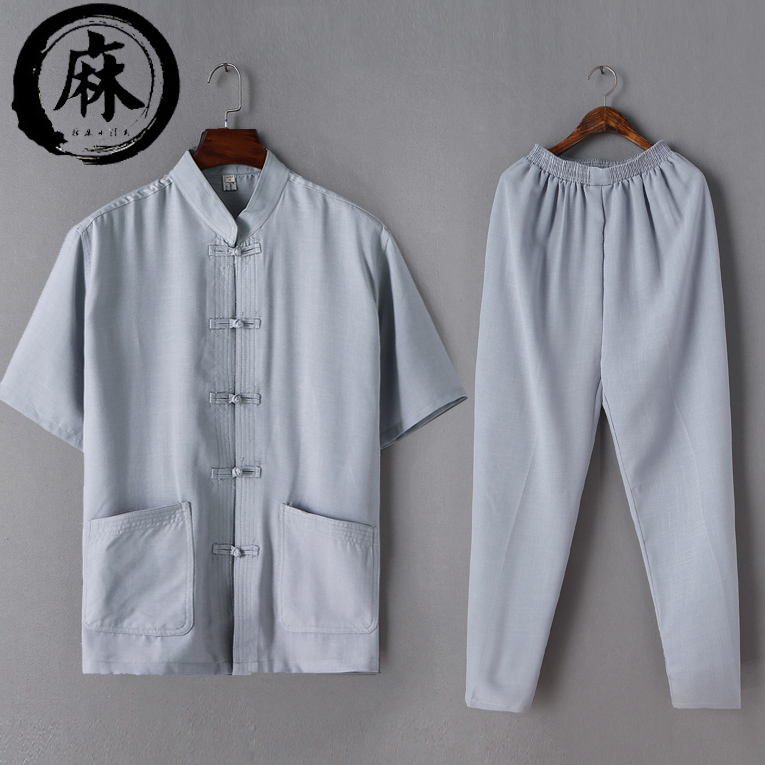 中国风男士棉麻唐装长袖男2017夏季亚麻中式套装中老年夏装两件套