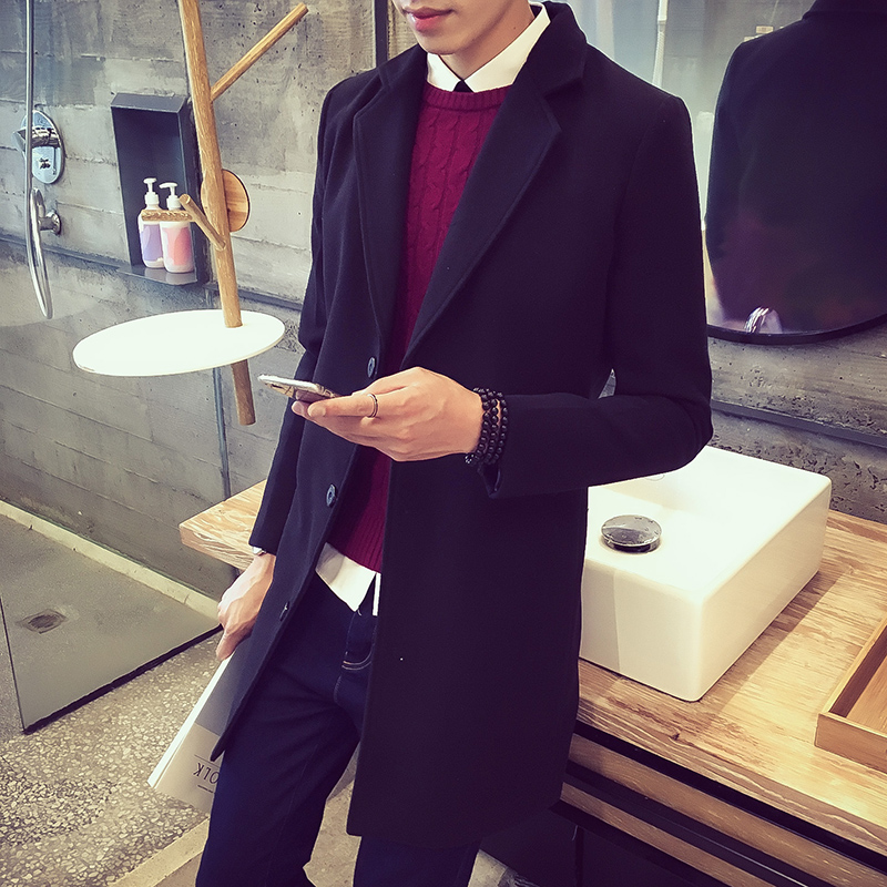 男士中长款风衣男2017新款冬季韩版潮流学生修身呢子大衣帅气外套
