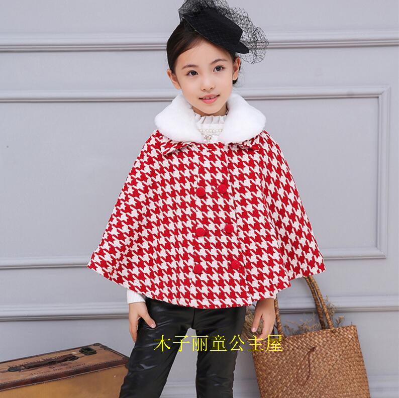 韩版女童披肩2016冬款女孩公主披肩110-150儿童千鸟格加厚红外套