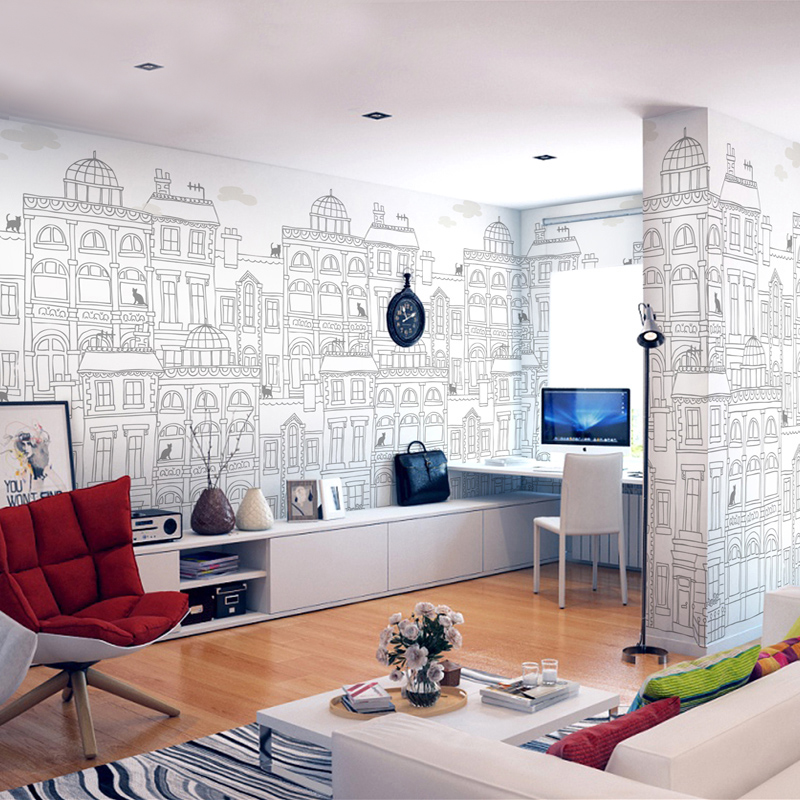 定制大型壁纸墙纸 客厅电视背景墙简约手绘建筑壁纸 洛可可线稿