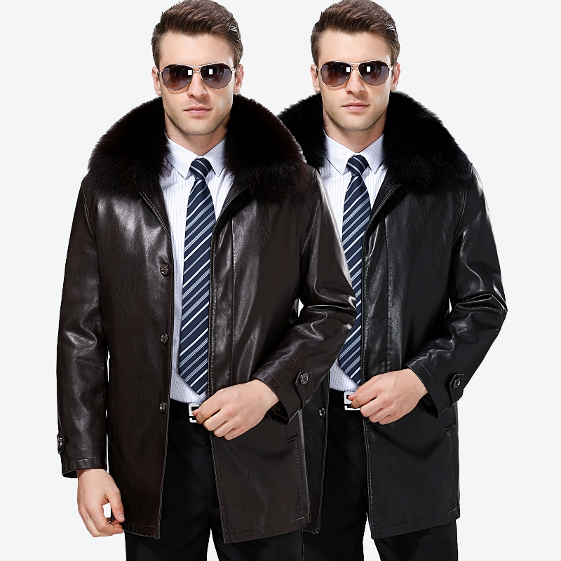 冬季新款商务男装中年男士中长款大码皮衣外套梵利朗 FAN LILANG