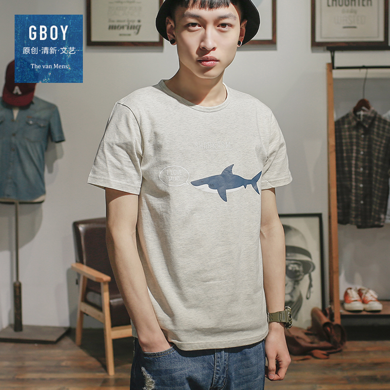 GBOY夏季潮流T恤男短袖日系纯色鲨鱼印花体恤青年水洗半袖打底衫