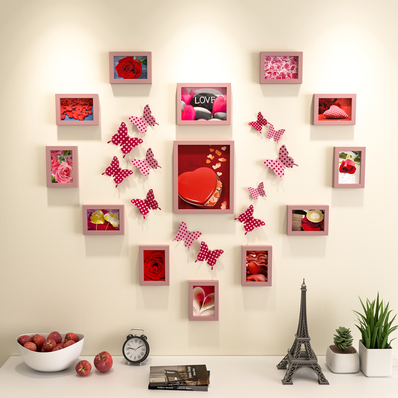 照片墙婚房新房卧室墙面装饰品立体蝴蝶红色爱心女生房间客厅布置