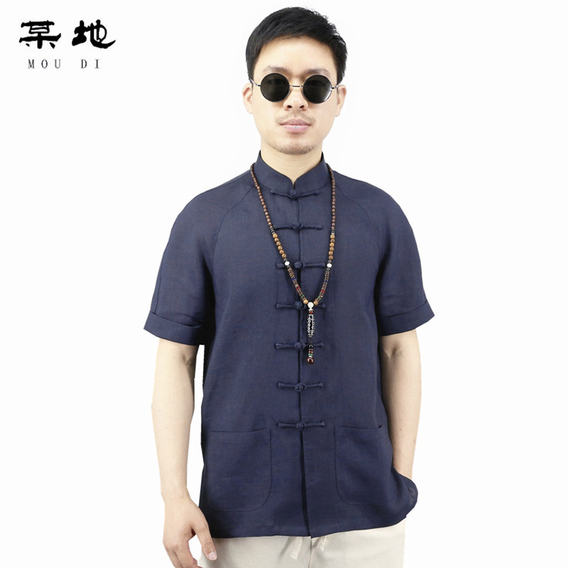 中国风男装夏季亚麻短袖衬衫男士棉麻薄款中式半袖唐装盘扣衬衣男